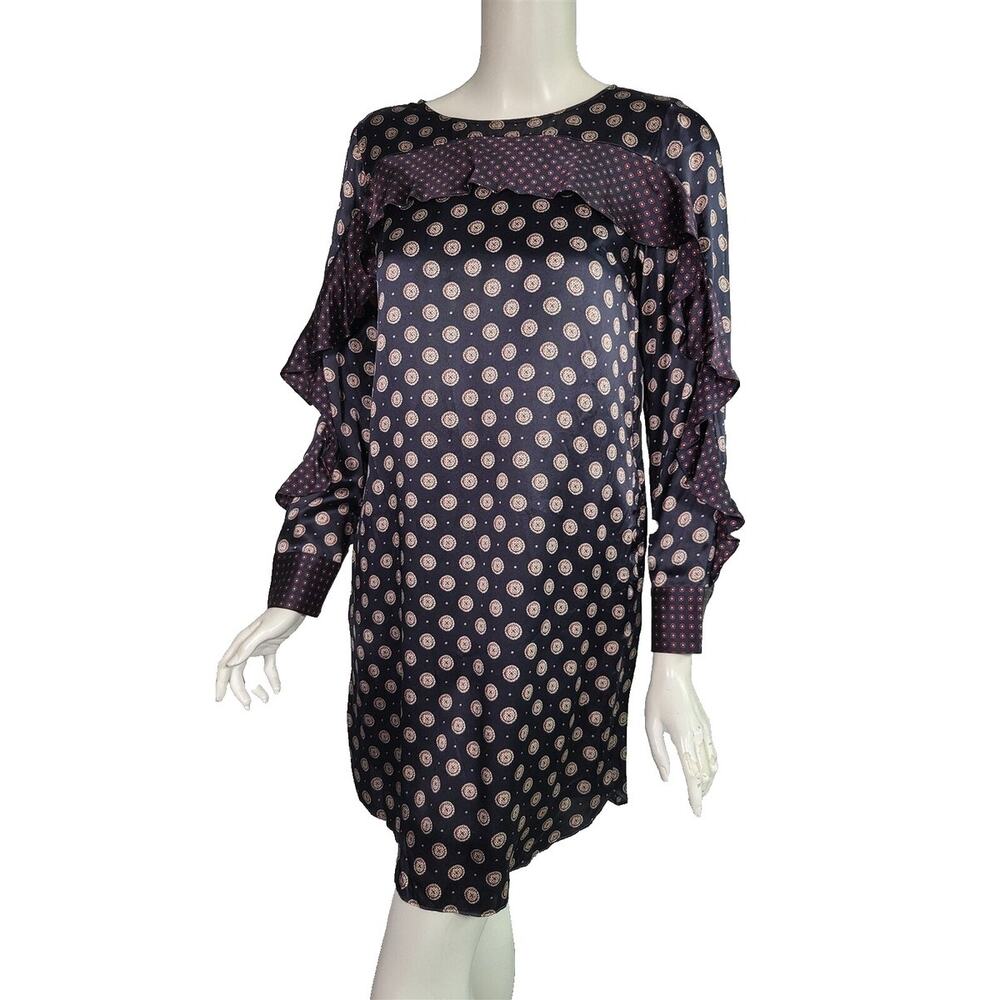 Banana Republic Navy 100% Silk Foulard Print Ruffle Long Sleeve Dress Sz 8